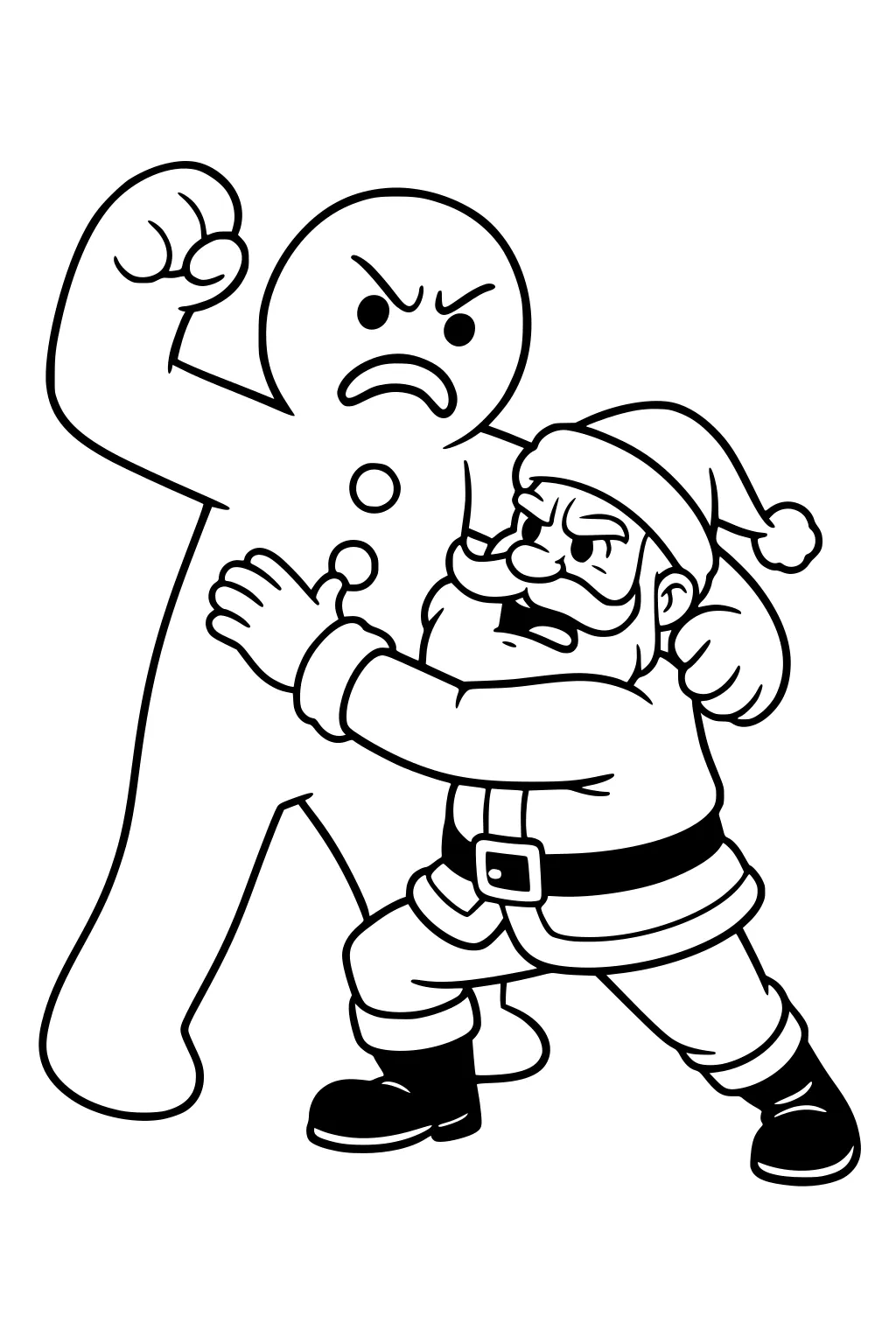 Santa Claus pushes against a large angry gingerbread man with a raised fist. Santa braces with hands on the cookie's chest, cartoon outline.