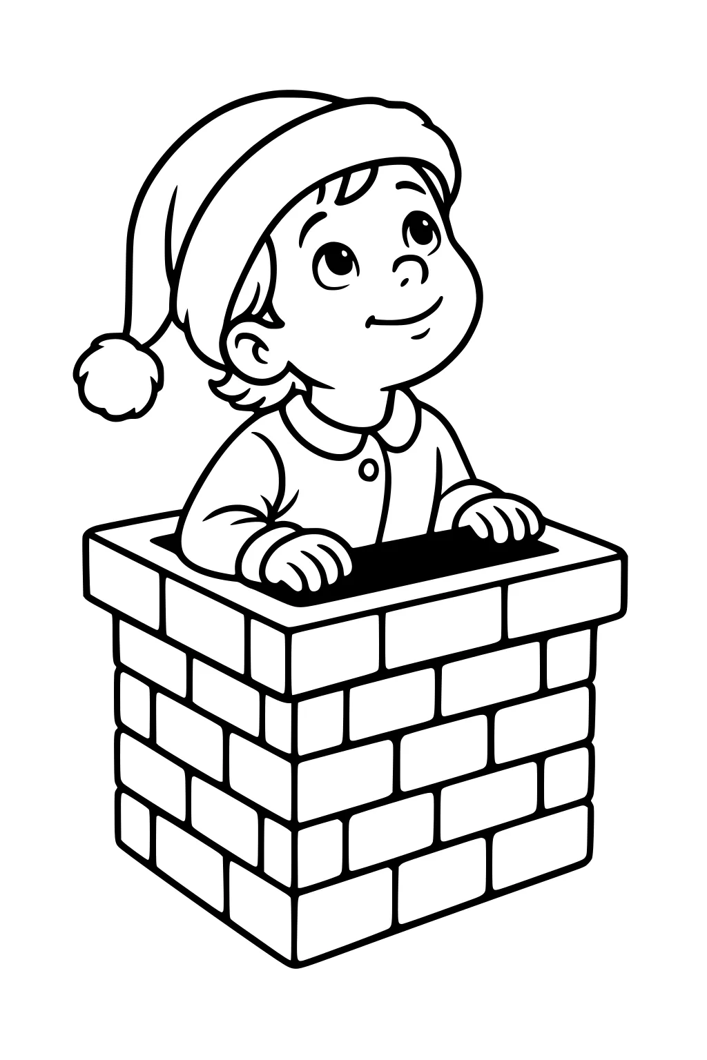 Smiling boy in a Santa hat peeks from a brick chimney, hands on the edge, looking up with big eyes; simple Christmas line art.