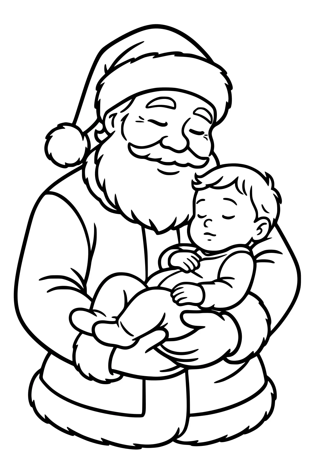 Santa Claus cradles a sleeping little boy, smiling with closed eyes, wearing a pom-pom hat and a fur-trimmed coat.