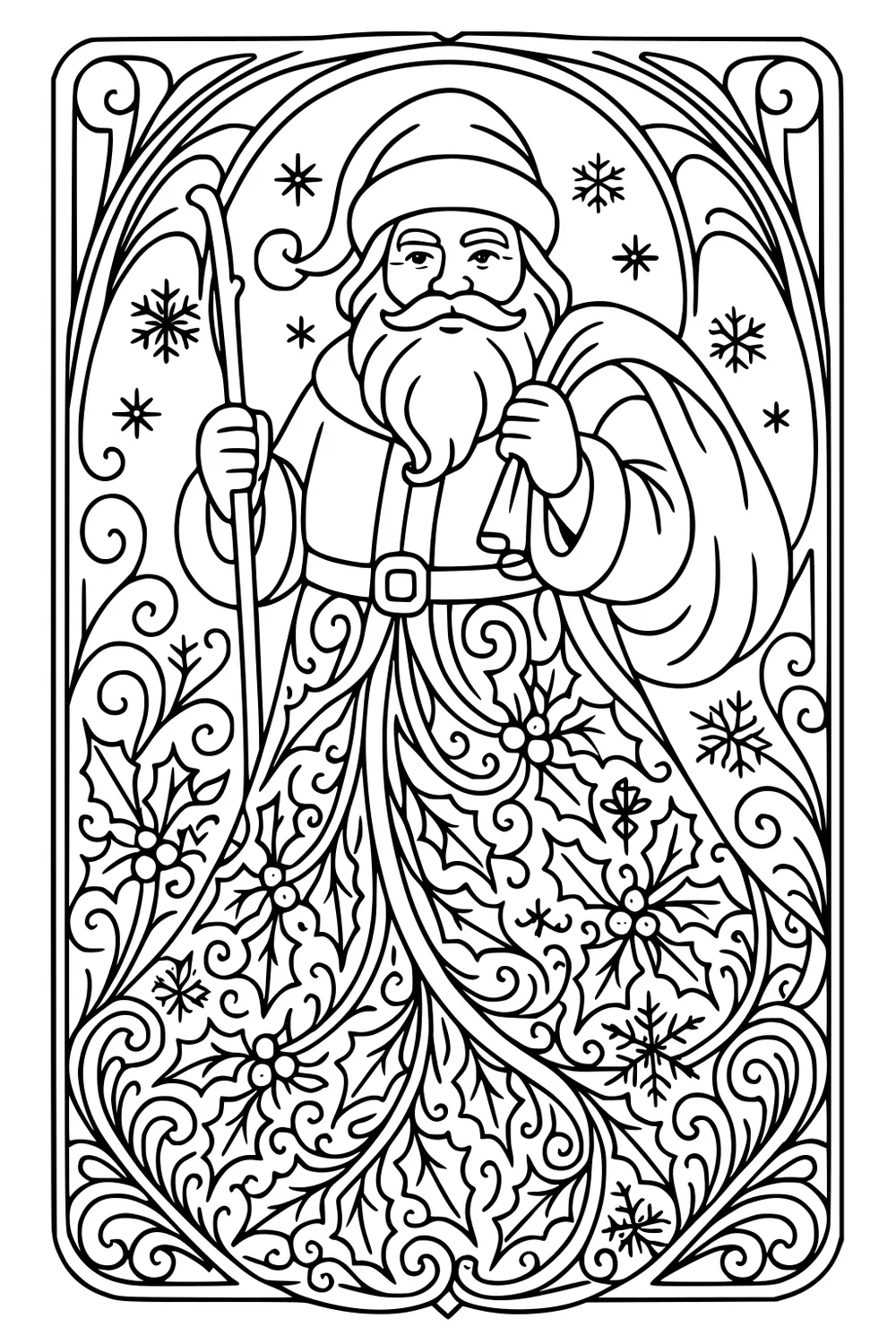 Santa holds a staff and gift sack with snowflakes around him; his robe shows holly patterns inside a swirly decorative frame.