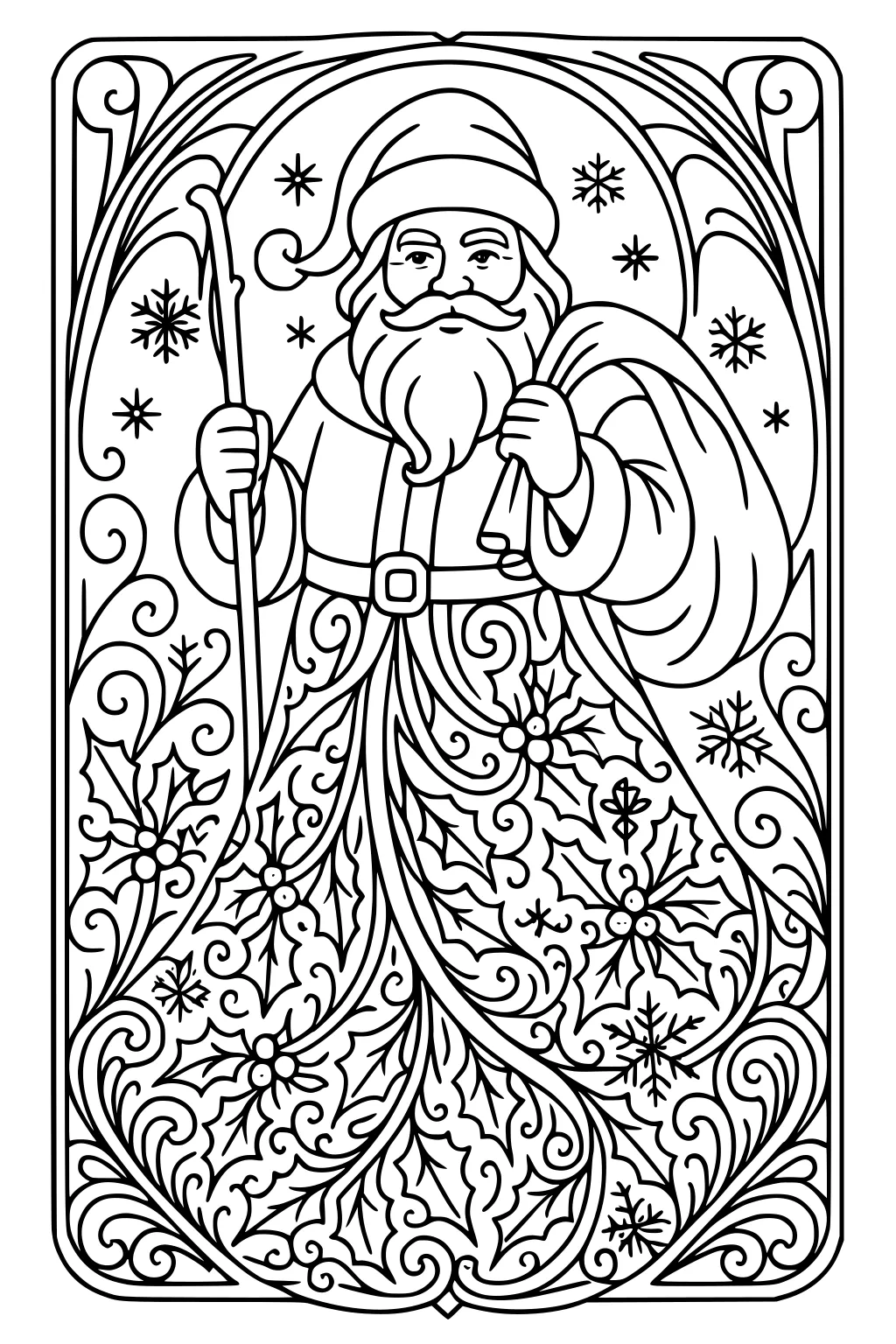 Santa holds a staff and gift sack with snowflakes around him; his robe shows holly patterns inside a swirly decorative frame.