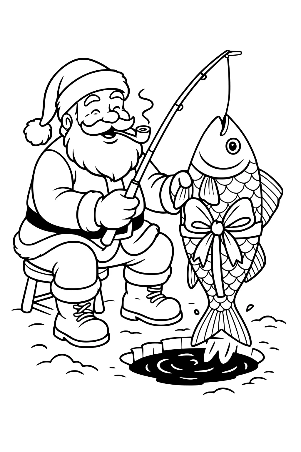 Santa on a stool ice fishing, smiling with a pipe, holding a rod and a big fish tied with a ribbon bow by a round ice hole.