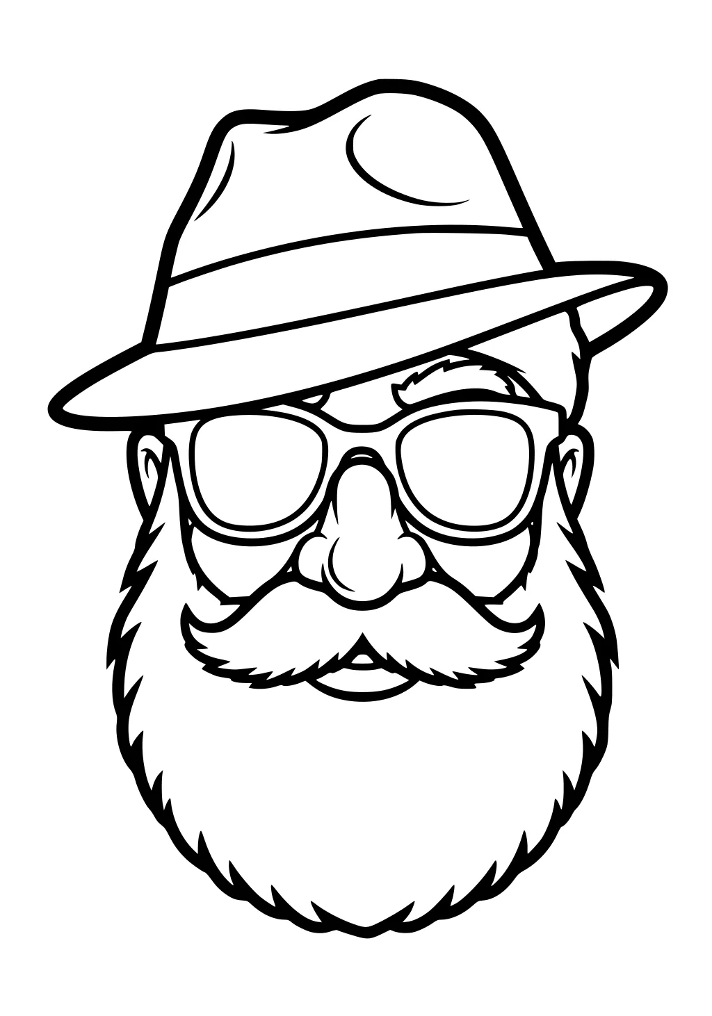 Santa face with fedora and big sunglasses, thick mustache and full beard, simple line art for kids.