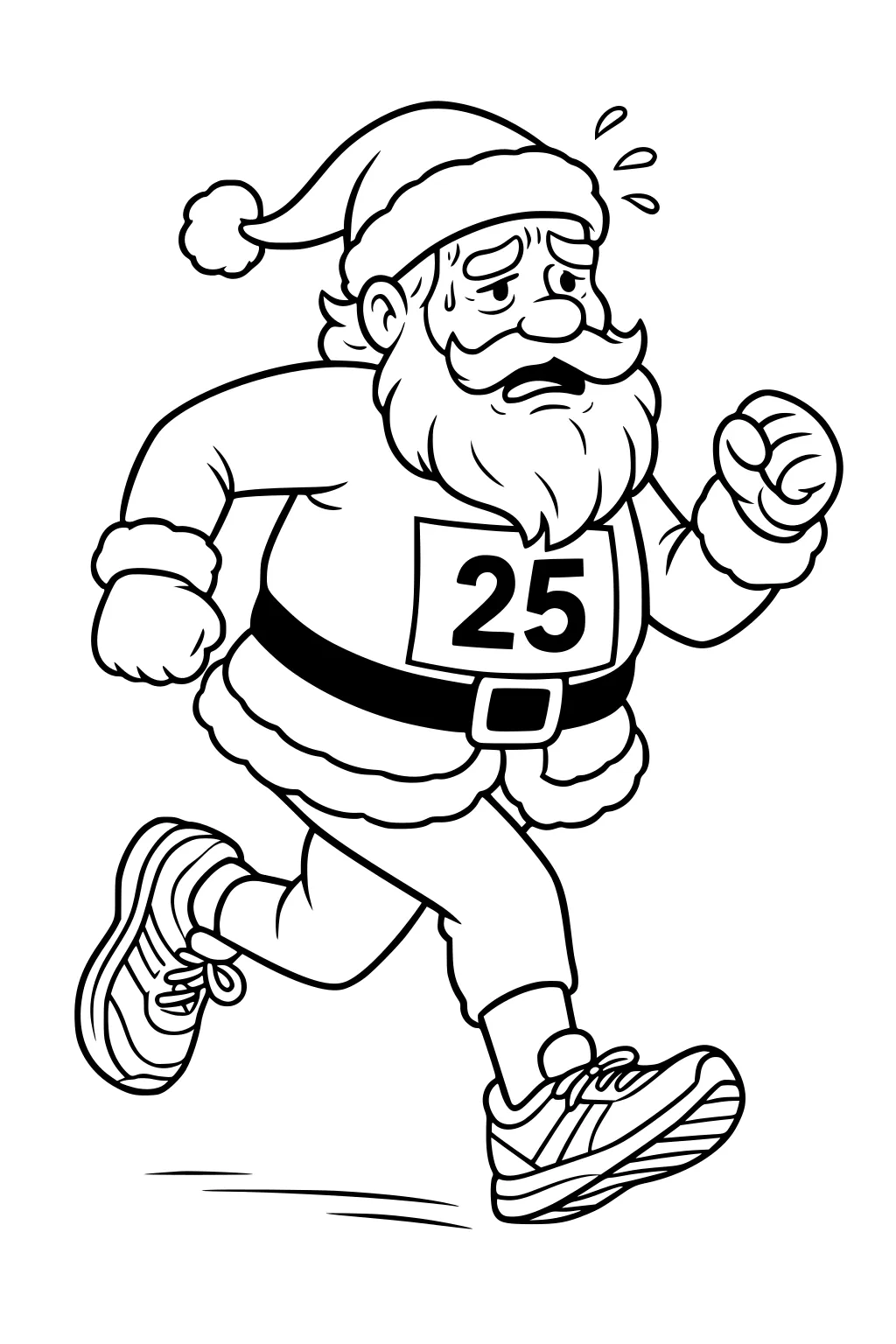 Santa running with bib 25, sweat drops, hat, fur-trimmed suit, belt, and sneakers, with motion lines under his feet.