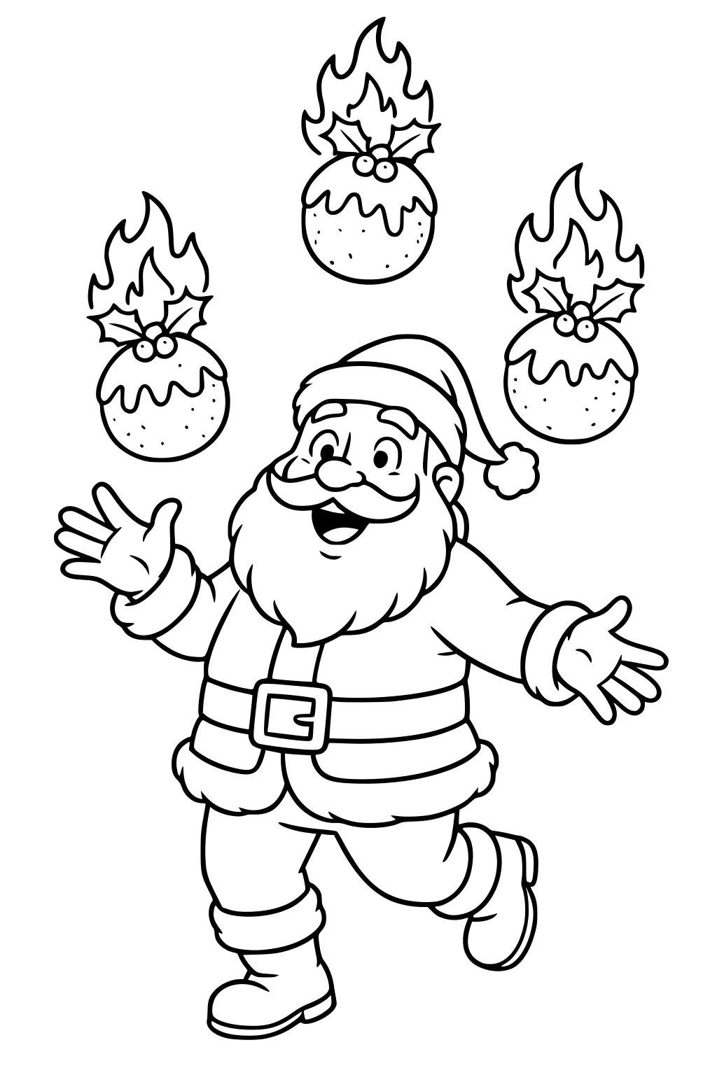 Smiling Santa in hat and belt juggling four flaming Christmas puddings with holly berries, open arms, cartoon outline, no background.