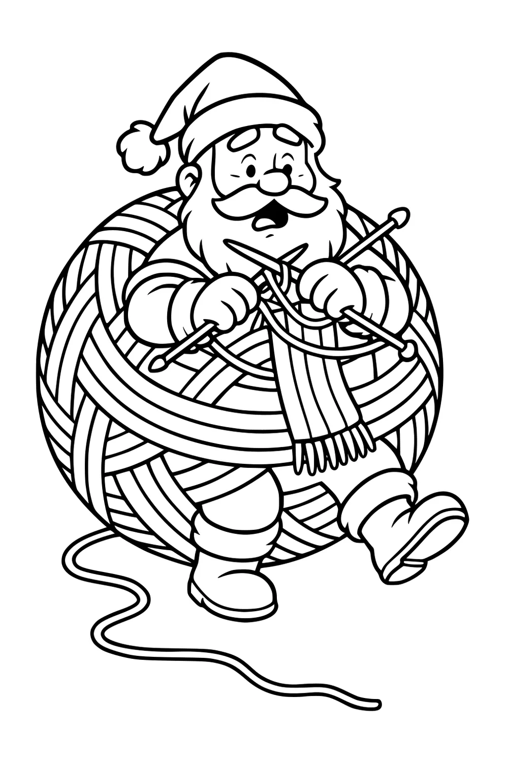 Santa sits in a giant yarn ball, knitting a scarf with needles; hat and boots visible, loose yarn trailing across the floor.