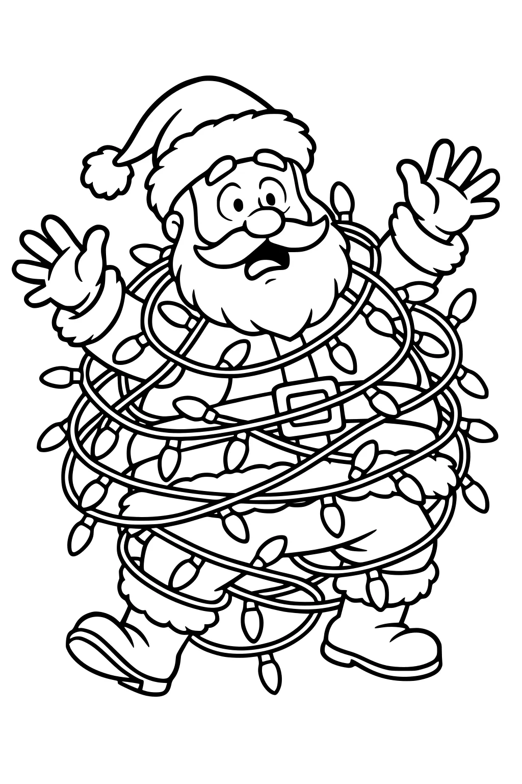 Cartoon Santa wrapped in strings of Christmas lights, hands raised, surprised face, wearing hat, belt, coat, and boots.