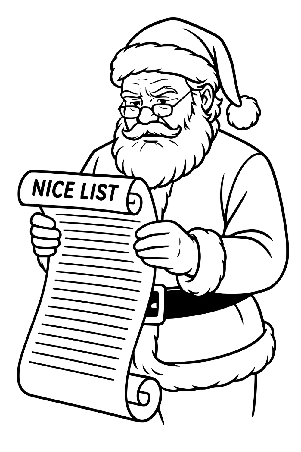 Santa Claus in hat and glasses holding a long Nice List scroll, fur-trimmed coat and belt visible, focused expression.
