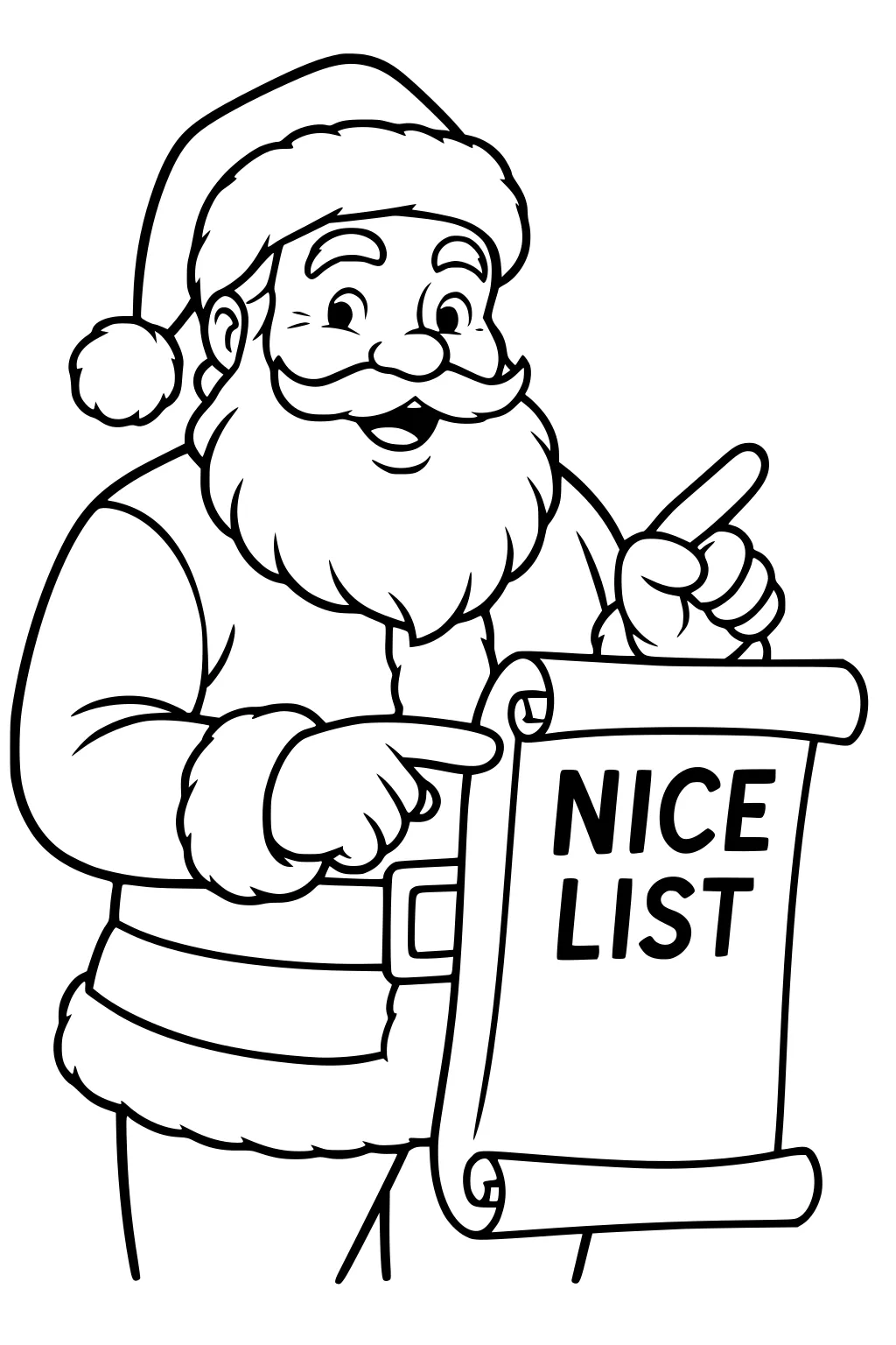 Smiling Santa Claus holds a scroll labeled NICE LIST and points at it, wearing hat, belt, gloves, and fluffy coat trim.
