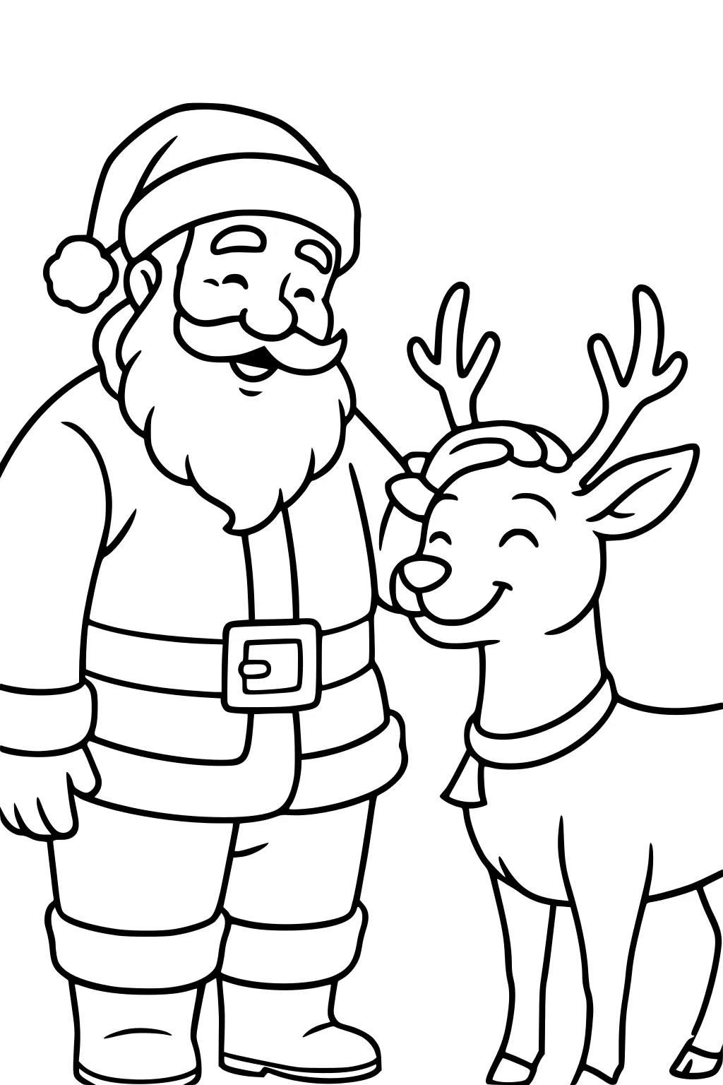 Santa smiles while patting a happy reindeer. Bold lines show Santa's hat, belt, gloves and the reindeer's antlers and collar.