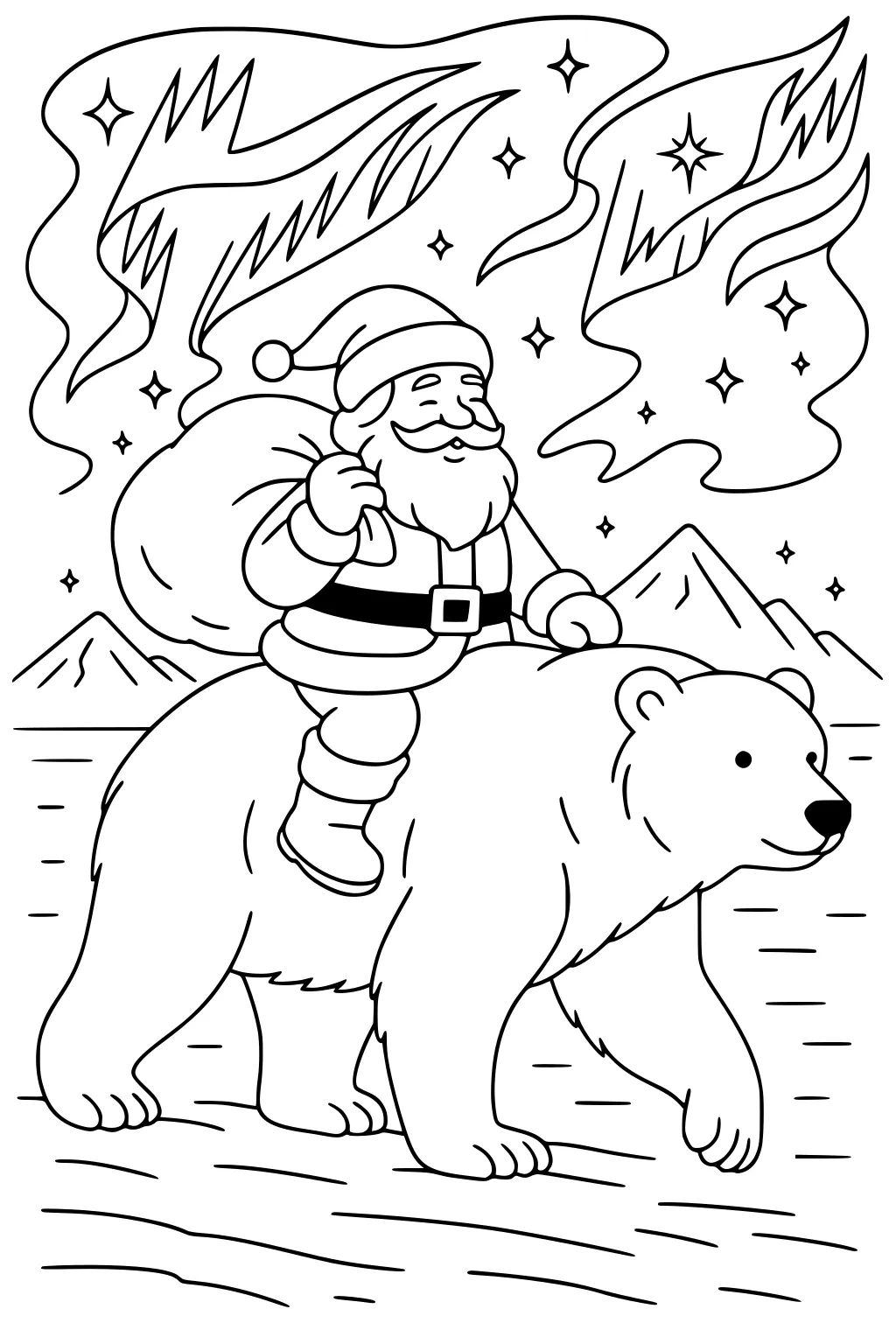 Santa rides a polar bear across ice under swirling northern lights, stars, and mountains, holding a sack and smiling.
