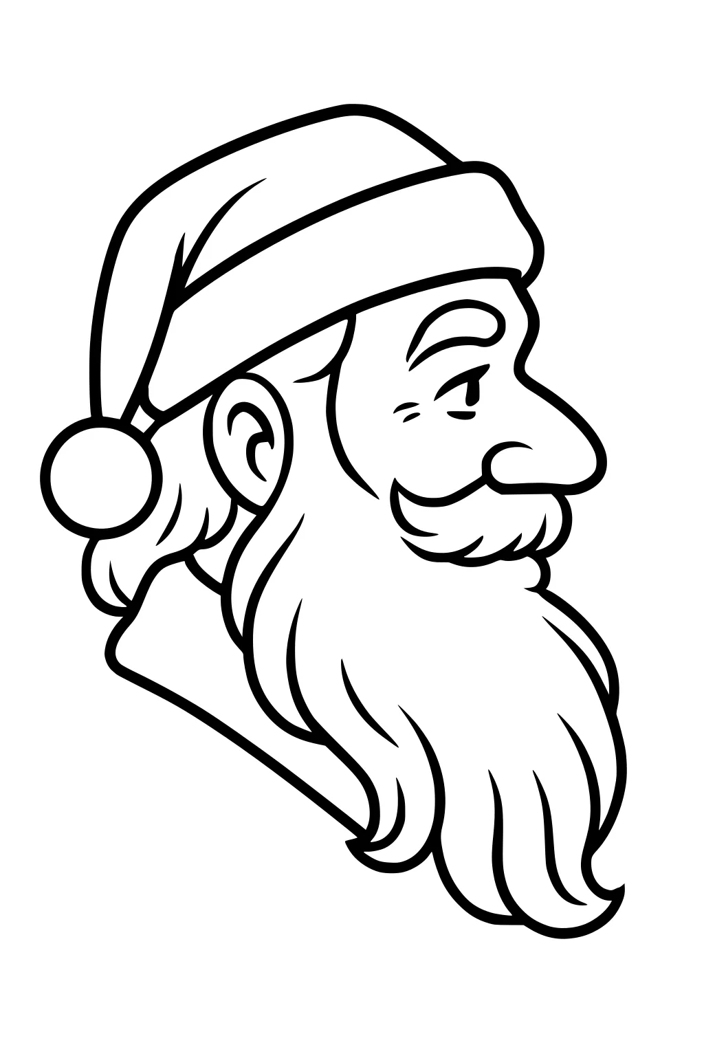Side-profile Santa wearing a hat with pom-pom, smiling with mustache and long wavy beard in bold black outlines.