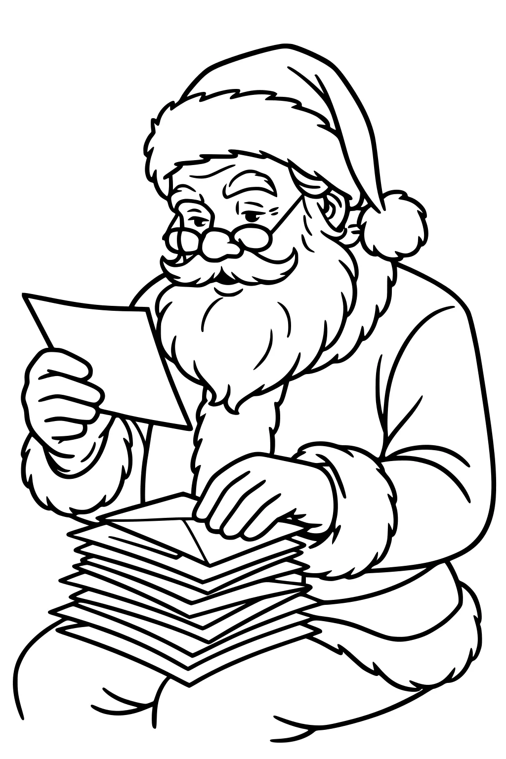 Santa reads a letter with glasses, one hand on a tall stack of envelopes, wearing a pom-pom hat and fur-trimmed coat.