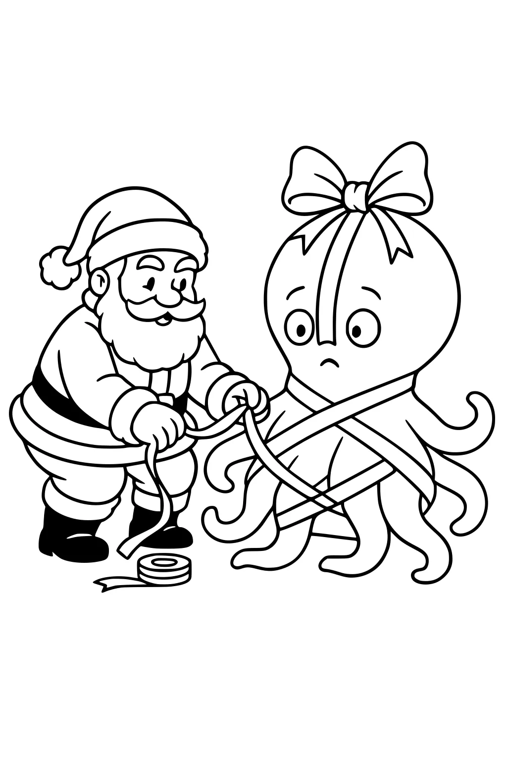 Santa wraps ribbon around a wide-eyed octopus with a big bow; ribbon spool on the floor. Bold, simple line art.