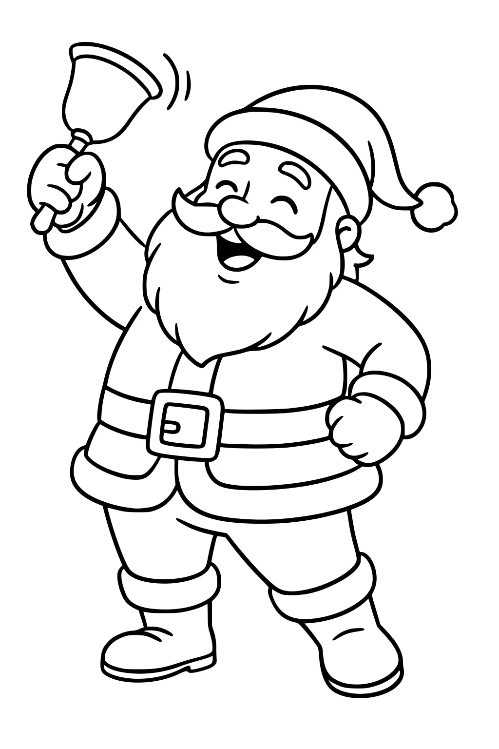 Smiling Santa rings a handbell, wearing pom-pom hat, fur trim coat with belt, gloves, and boots in simple cartoon line art.