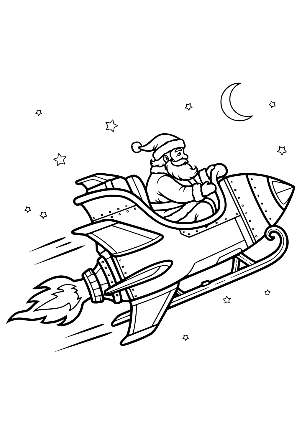 Santa rides a rocket sleigh in space, flames streaming, crescent moon and small stars around.