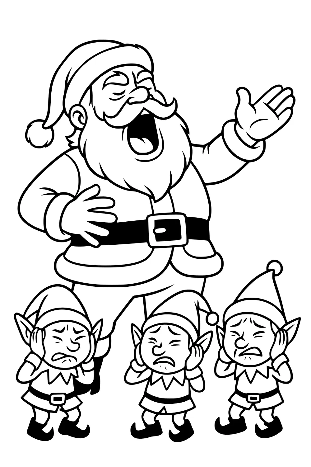 Santa sings with mouth wide open; three small boy elves cover their ears and frown beneath pointy hats and curled shoes.
