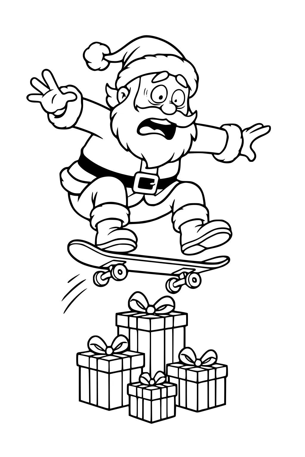 Santa on a skateboard jumping over stacked gift boxes with bows; arms out, surprised face, motion lines under the board.
