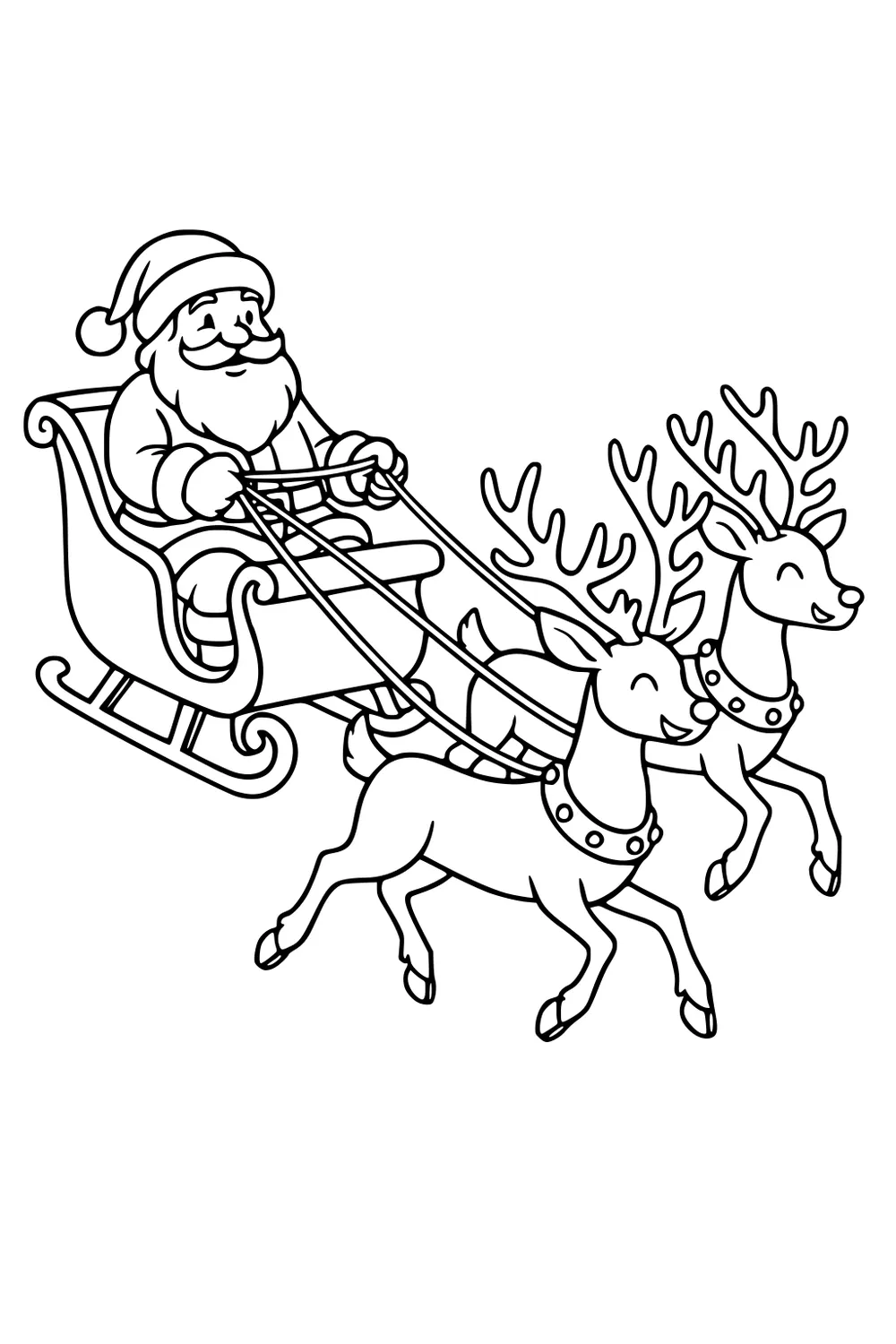 Santa rides a sleigh holding reins as two smiling reindeer with big antlers and bell collars run forward in simple line art.