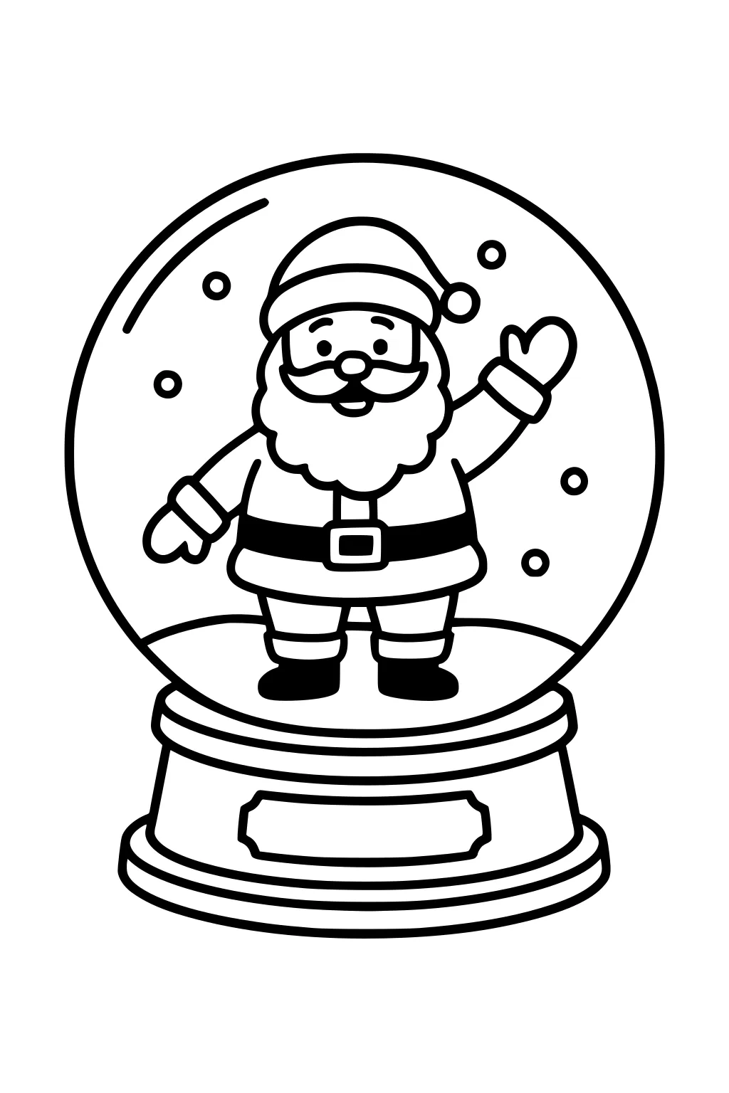 Santa Claus waving inside a snow globe with falling snow dots, standing on a tiered base with a blank name plaque.