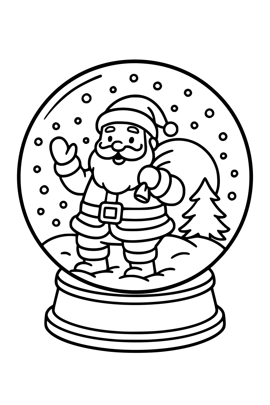 Santa waves inside a snow globe with a toy sack, pine tree, and falling snow dots on a sturdy round base.
