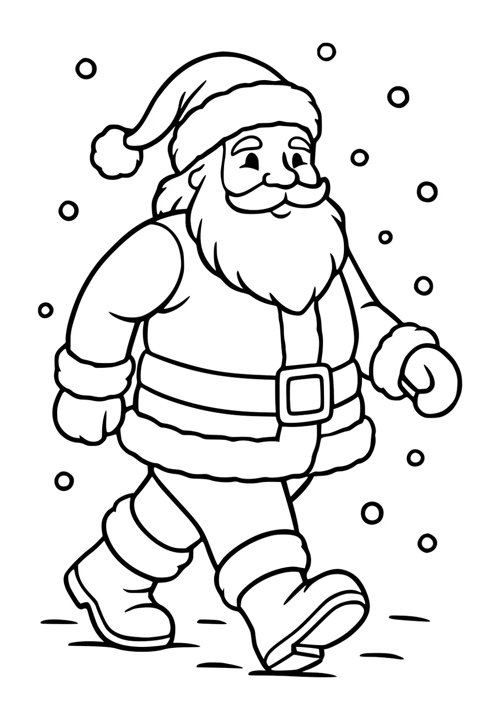 Santa Claus walks through falling snow, smiling, in a fur-trimmed suit with pom-pom hat, gloves, belt, and big boots.