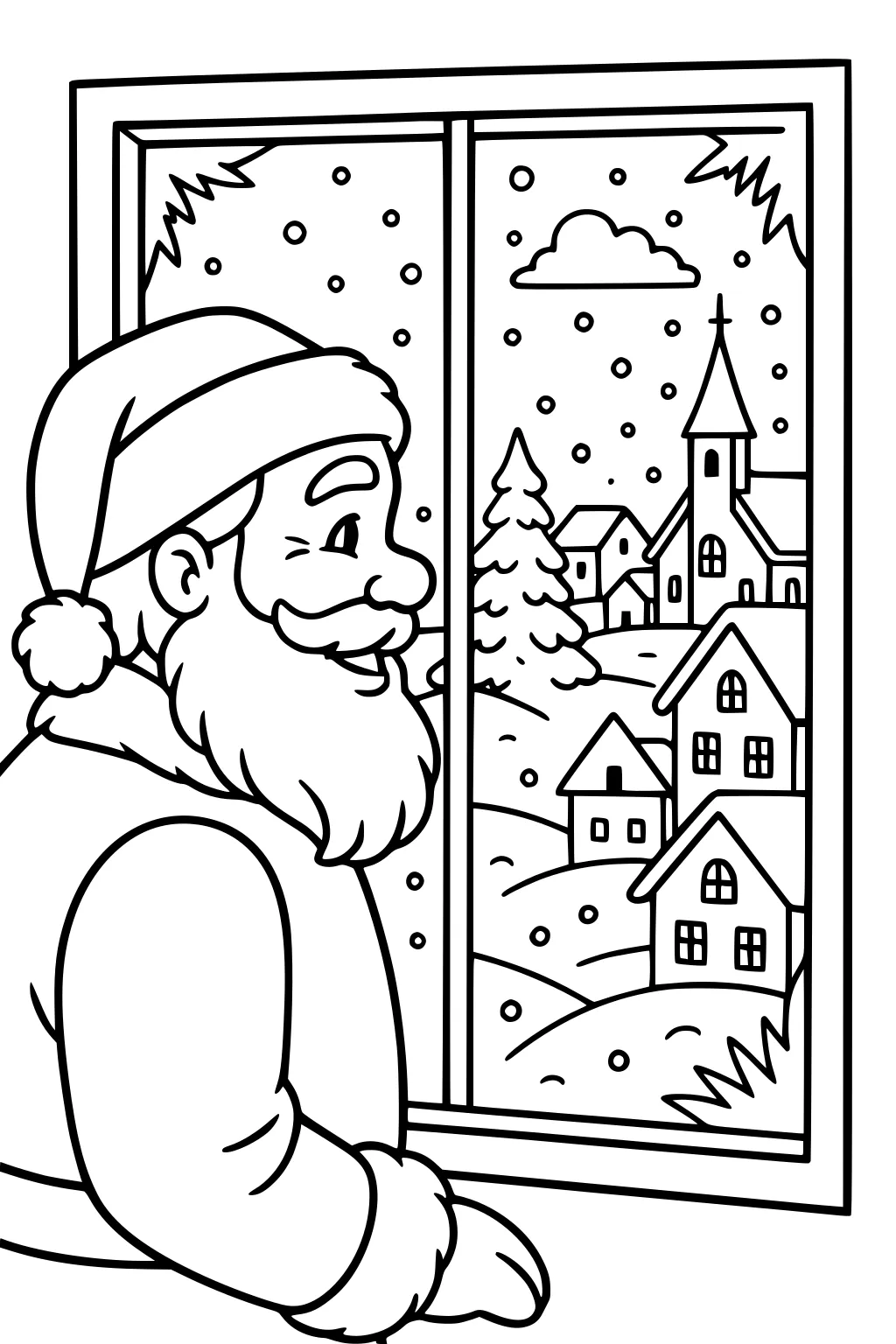 Santa smiles through a window at a snowy village with houses, a church steeple, a pine tree, hills, a cloud, and falling snow.