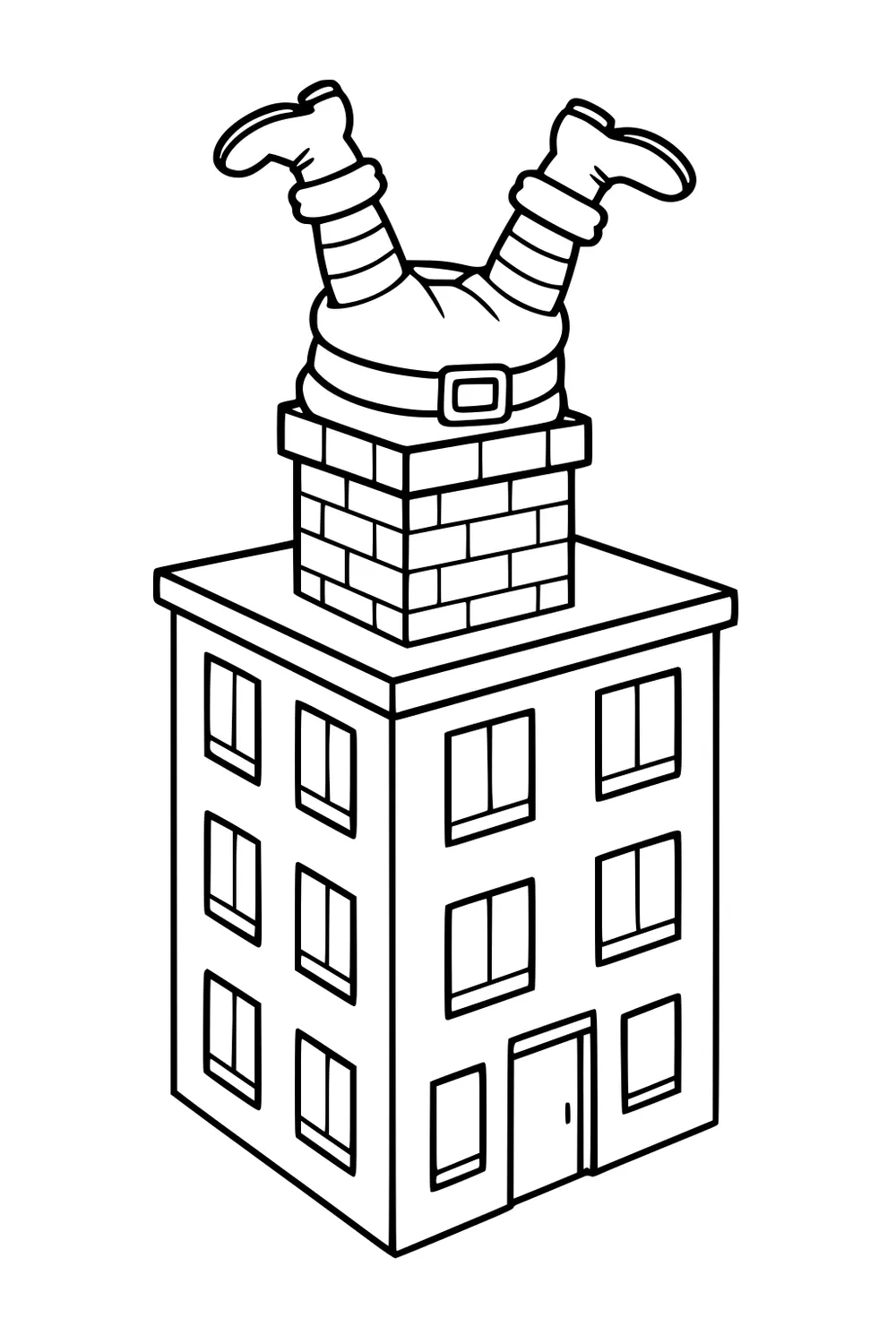 Santa stuck upside down in a brick chimney on a tall apartment building roof with rows of windows and a front door.