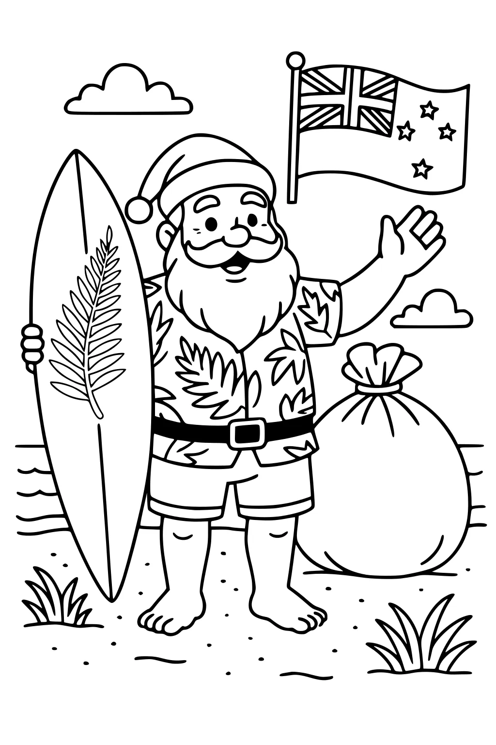 Santa in a leaf shirt holds a fern surfboard on a beach, New Zealand flag flying, gift sack beside him, waves and clouds.
