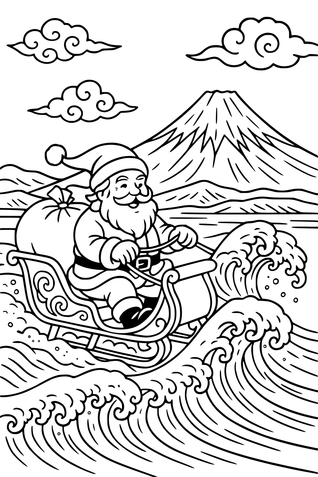 Santa drives a sleigh across curling ocean waves with a gift sack, swirly clouds, and a snow-capped mountain in the background.