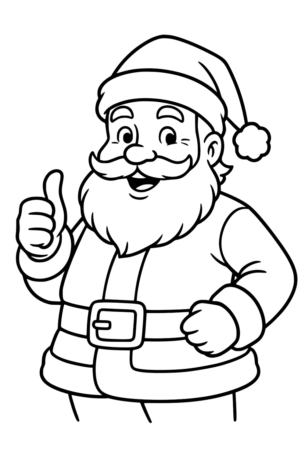 Smiling Santa Claus gives a thumbs up, wearing fluffy hat, big beard, puffy coat and belt, drawn with simple bold lines.