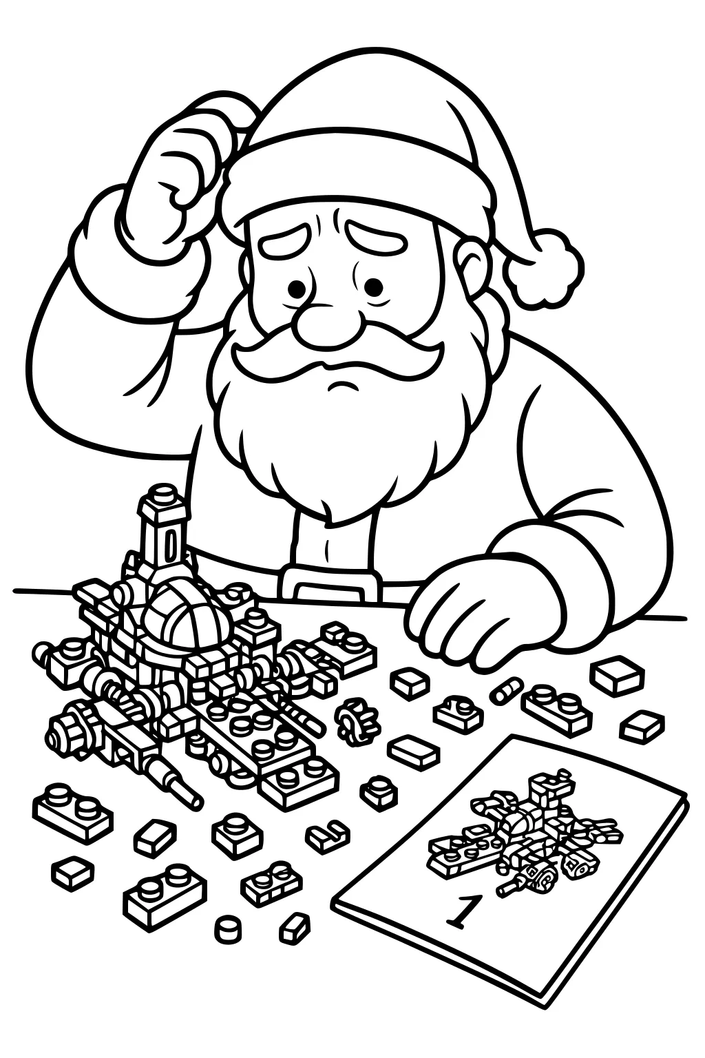 Santa scratches his head at a table of toy bricks, puzzling over a half-built spaceship and an instruction booklet marked 1.
