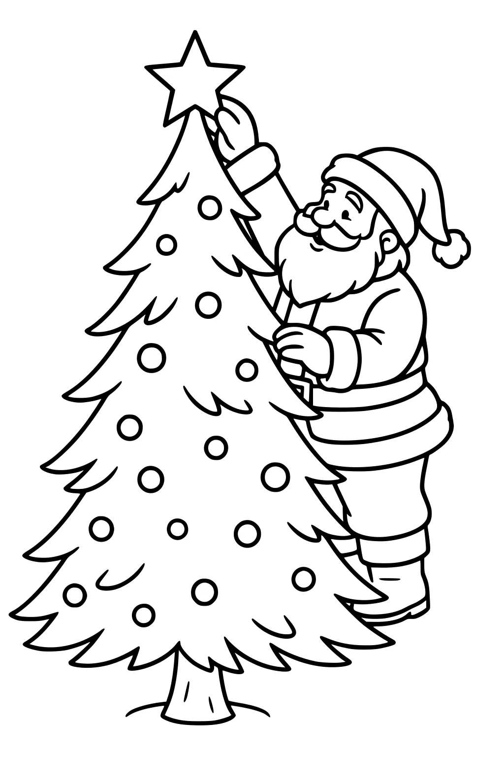 Santa Claus placing a star on a decorated Christmas tree with round ornaments; simple line art with bold outlines for kids