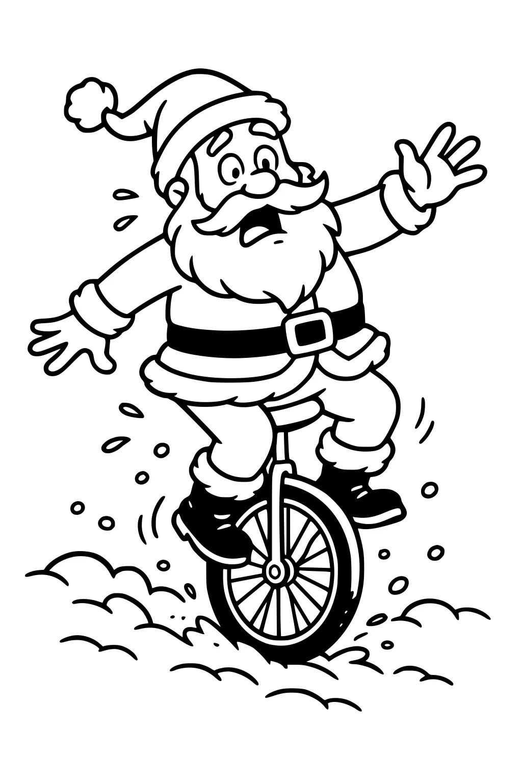 Santa Claus rides a unicycle in snow, arms out, wide-eyed, fluffy hat and suit, spinning wheel kicking up snow puffs.