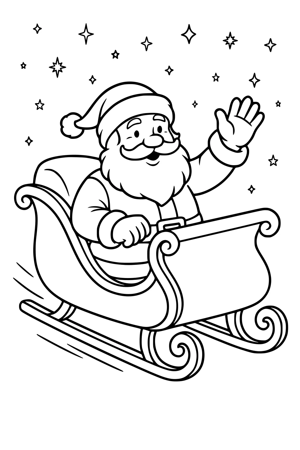 Smiling Santa Claus waving while riding a sleigh, stars twinkling above, curved runners and belt buckle, simple bold outline.