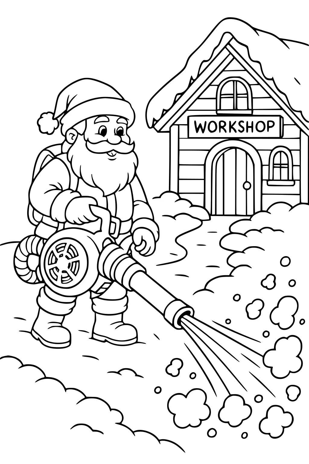 Santa clears snow with a blower outside a workshop with a snowy roof, a sign, arched door, and small window.