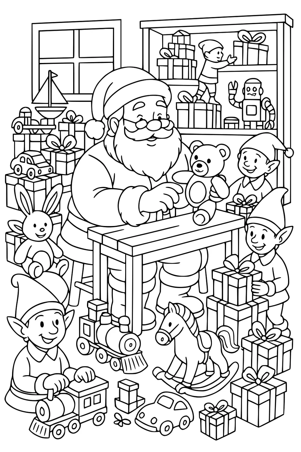 Santa fixes a teddy bear at a worktable while elves stack gifts. Toys, train, rocking horse, robot, cars, and boxes fill the workshop.