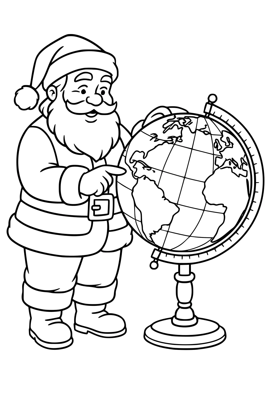 Santa Claus smiles, pointing at a globe on a stand with continents and grid lines, wearing hat, belt, coat, and boots.