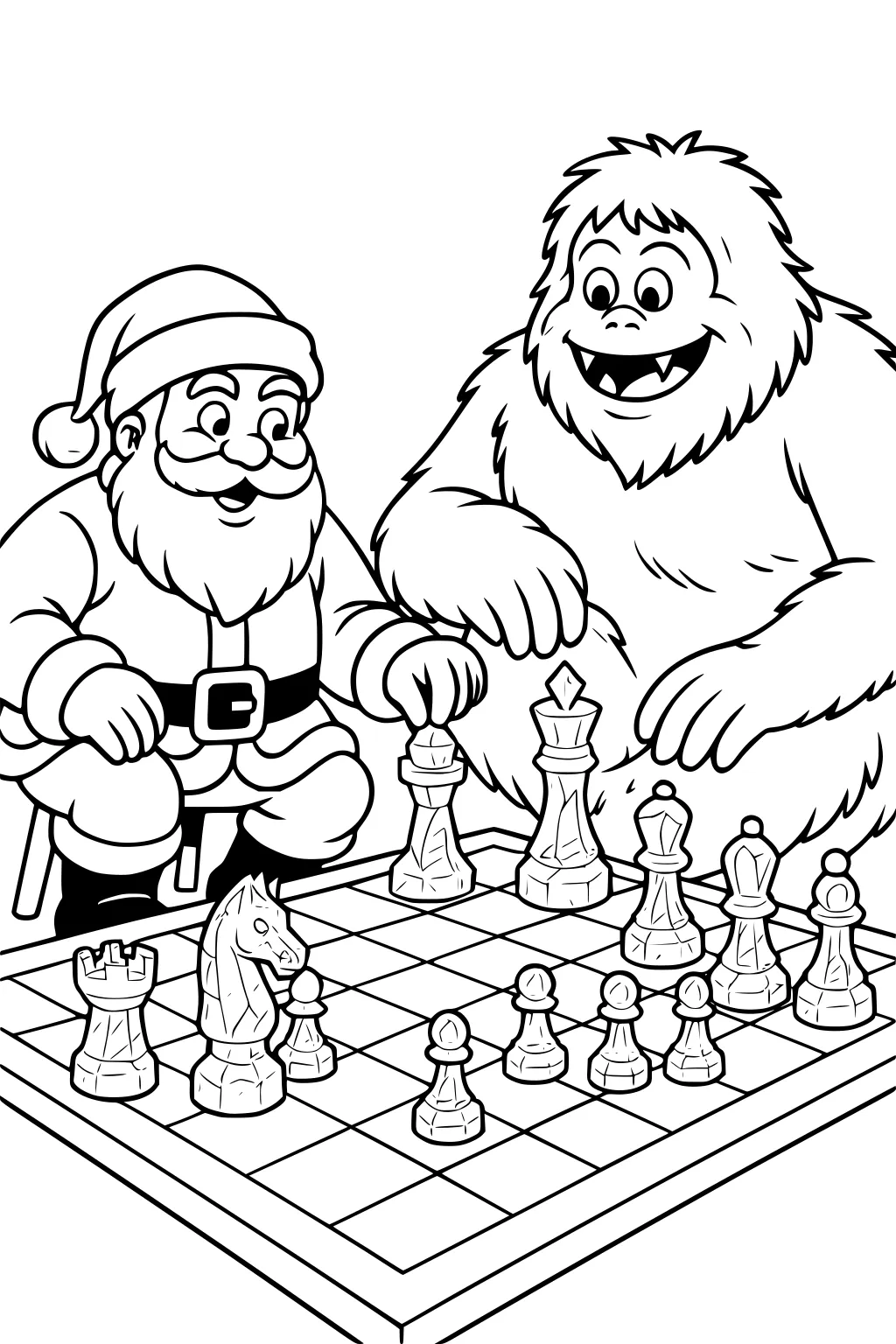 Santa and a friendly yeti play chess, smiling over a board with detailed king, queen, knight, rooks, and pawns.
