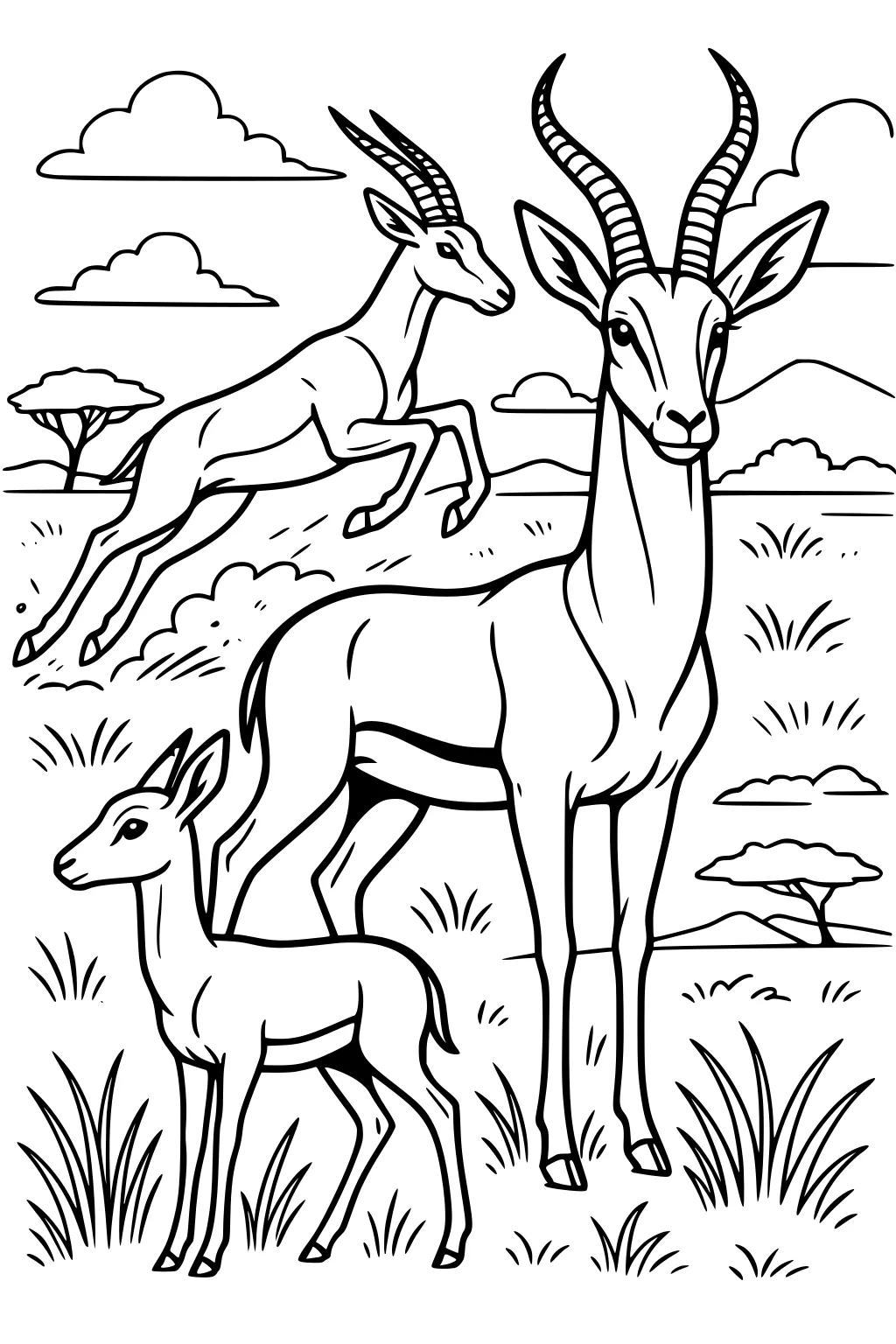 Three gazelles on grassy savannah with one leaping, one adult with spiral horns, and a calf beside her. Clouds and trees in background.