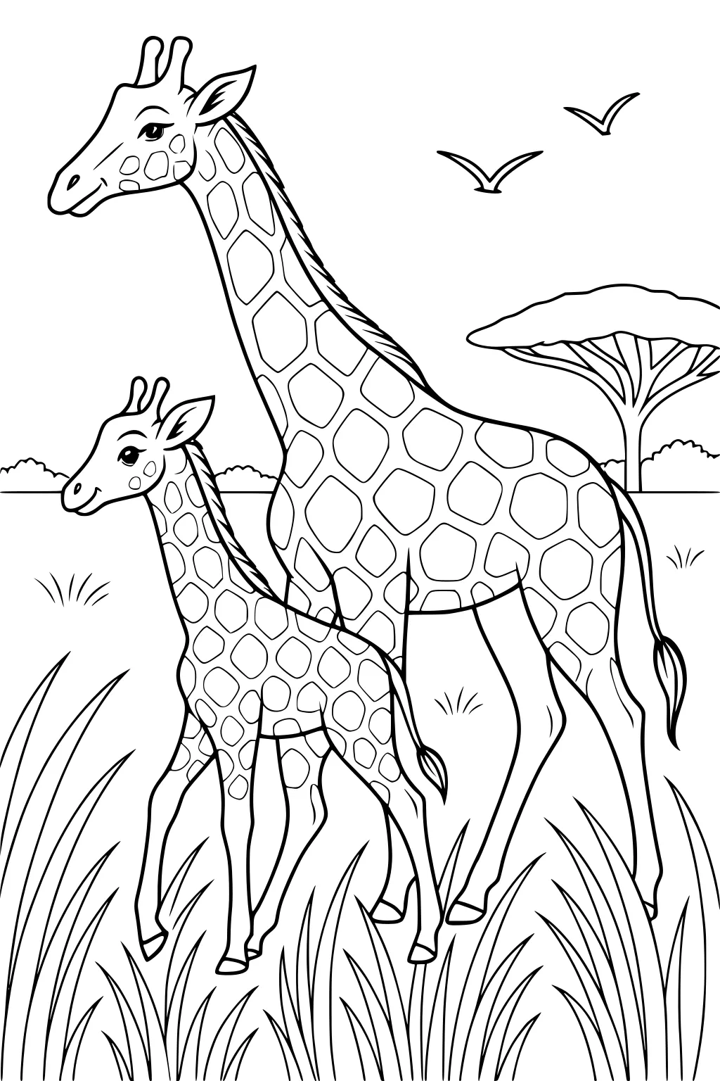 Mother and baby giraffe standing in tall grass with a tree, bushes, and two birds flying in the background.