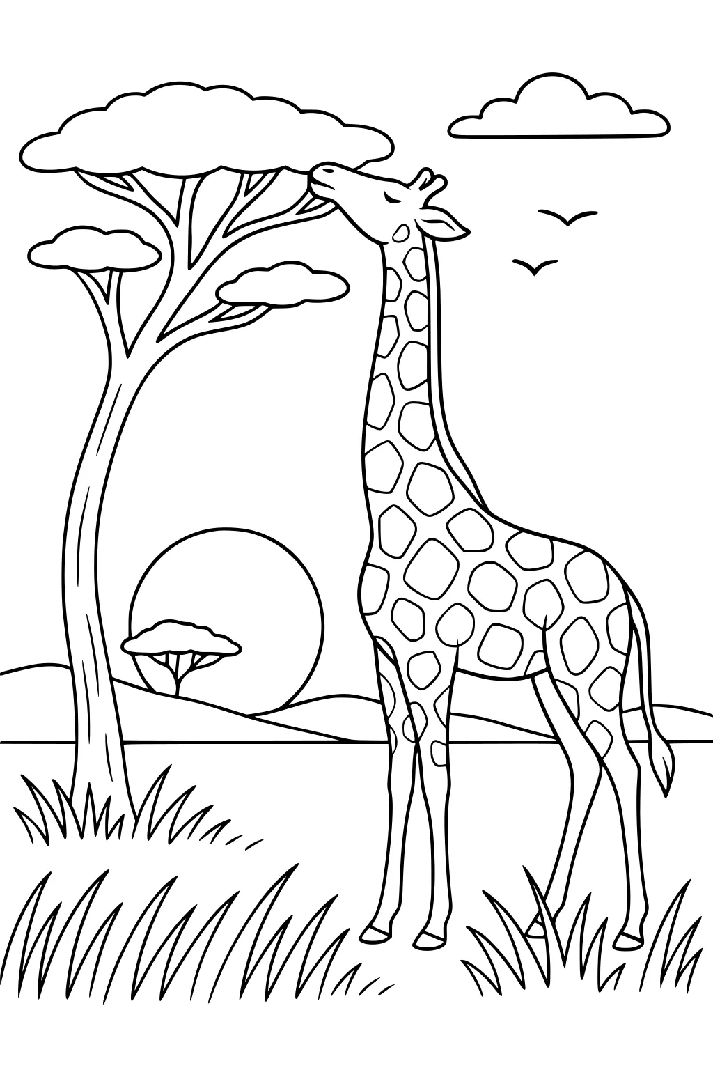 Giraffe eating leaves from tall tree with grass, clouds, distant trees, sun, and birds in the background.