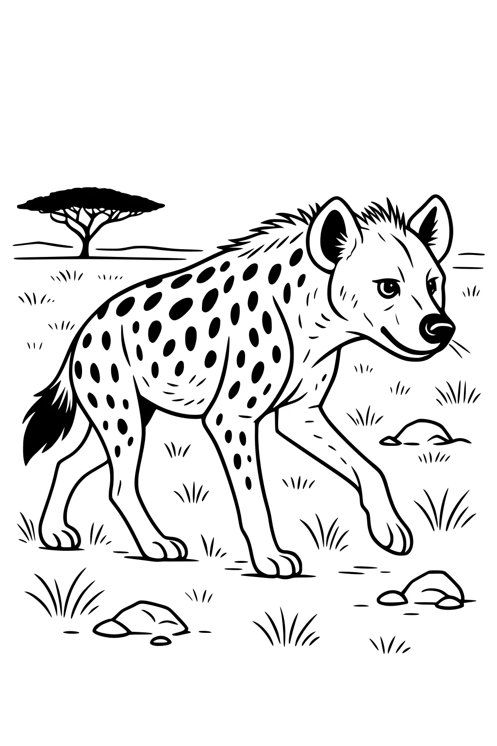 Spotted hyena walking through grass with a tree and rocks behind it on the savanna.
