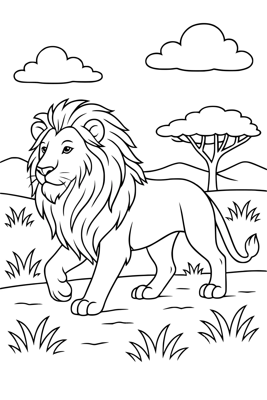 Lion with large mane walking on grass in a savanna, with clouds, hills, and a tree in the background.