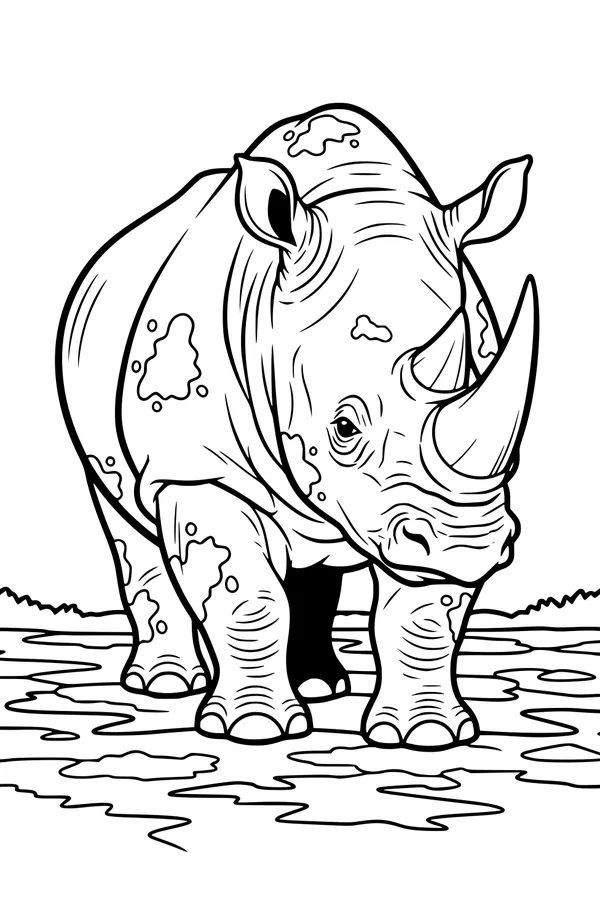 Muddy Rhino Stomps by the Waterhole