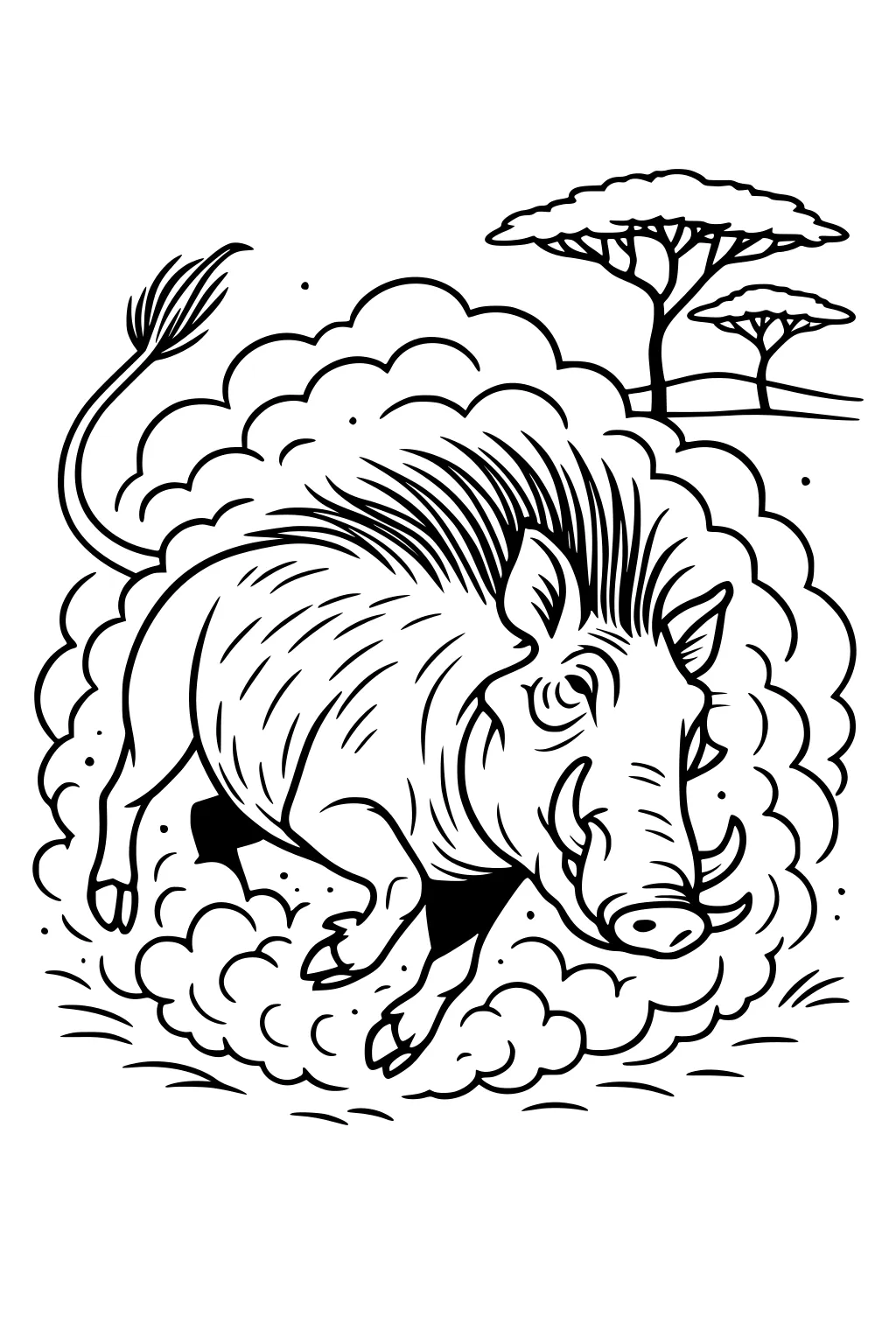 Warthog dashing in a cloud of dust, tail up, spiky mane, with acacia trees and plain in the distance.