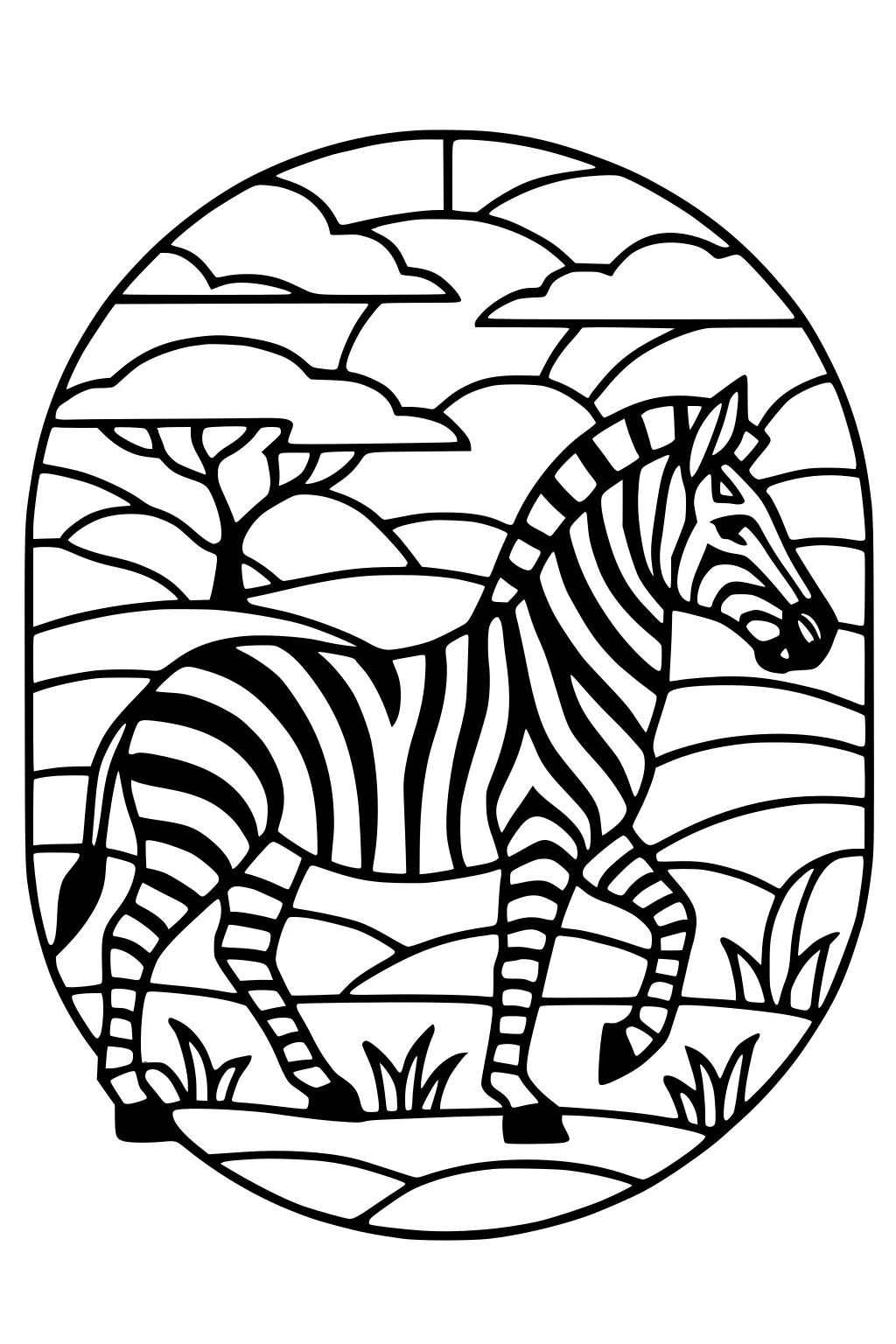 Zebra with bold stripes walking on grassy savanna with acacia tree, rolling hills, and layered clouds inside an oval frame.