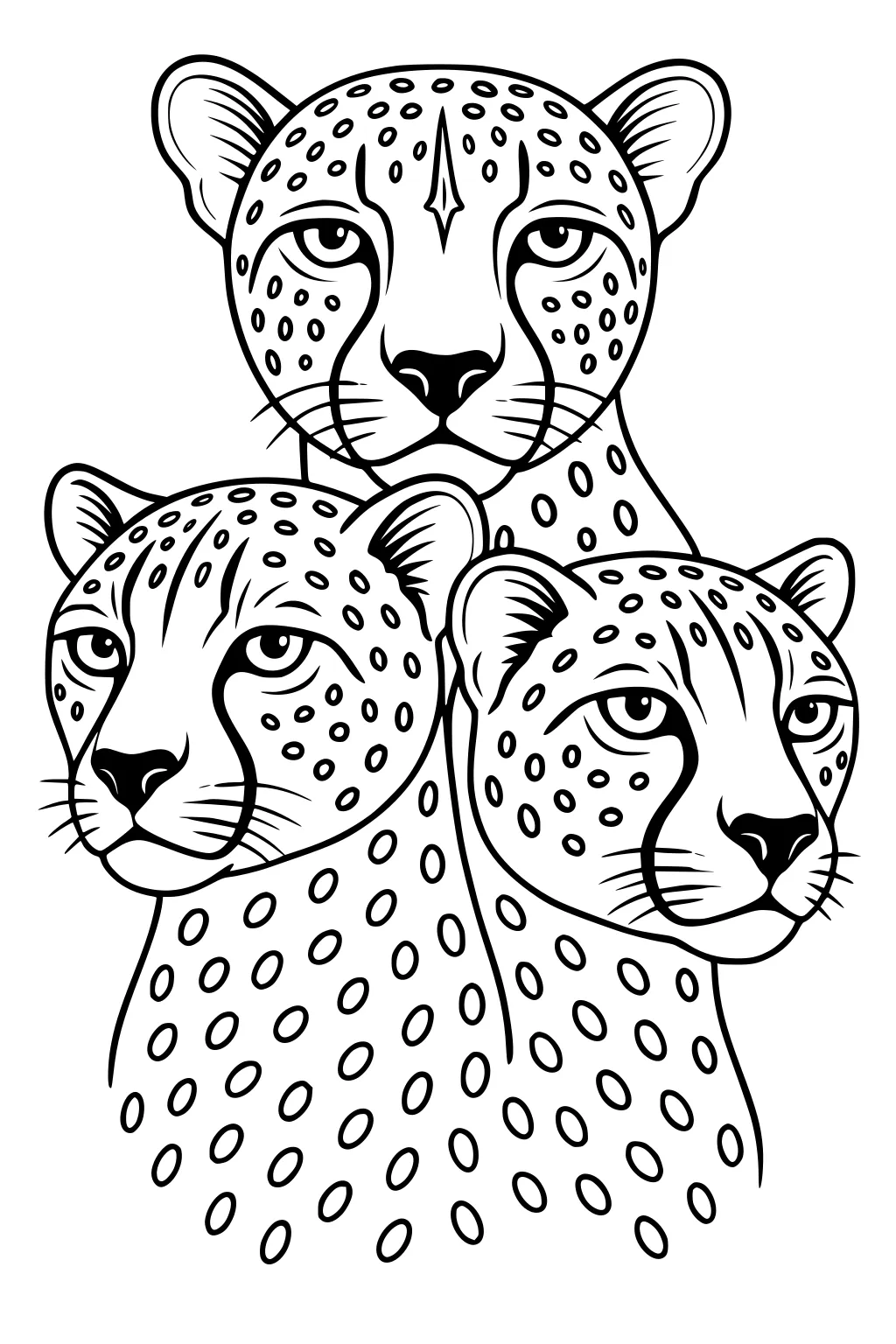 Three cheetahs with spotted fur sitting together, facing forward, outlined for coloring.