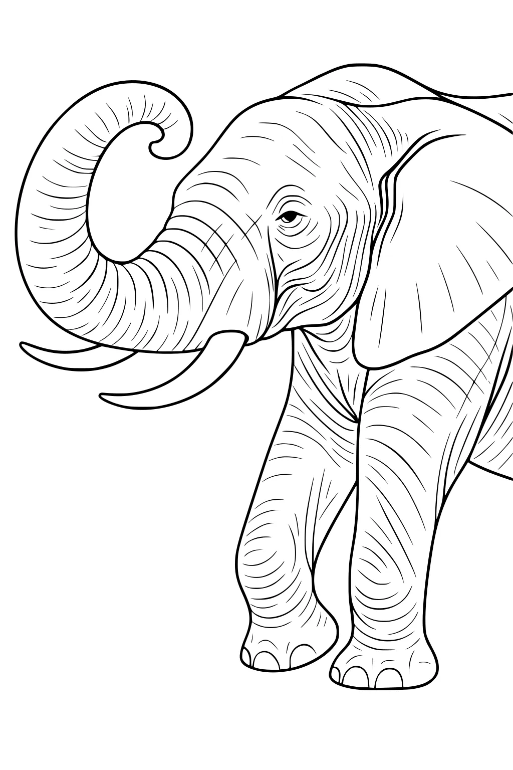 Line drawing of an elephant with raised foot, long trunk, big ears, tusks, and wrinkled skin facing left.