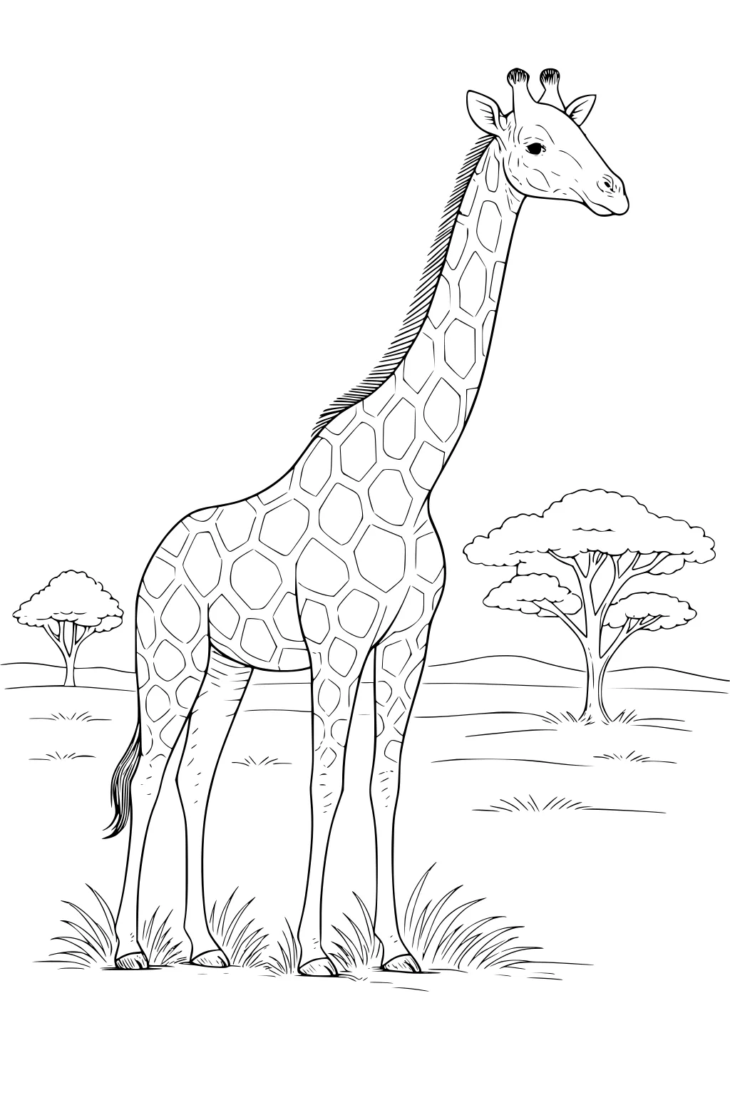 Giraffe with patterned spots stands on grassy savanna, acacia trees in background, outlined for coloring.